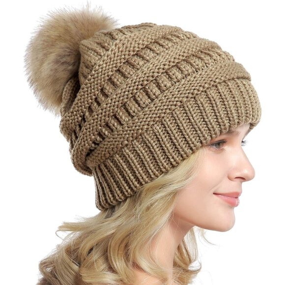 Women Khaki Soft Acrylic Thick Baggy Knit Winter Faux Fur Pompom Beanie - Picture 4 of 6